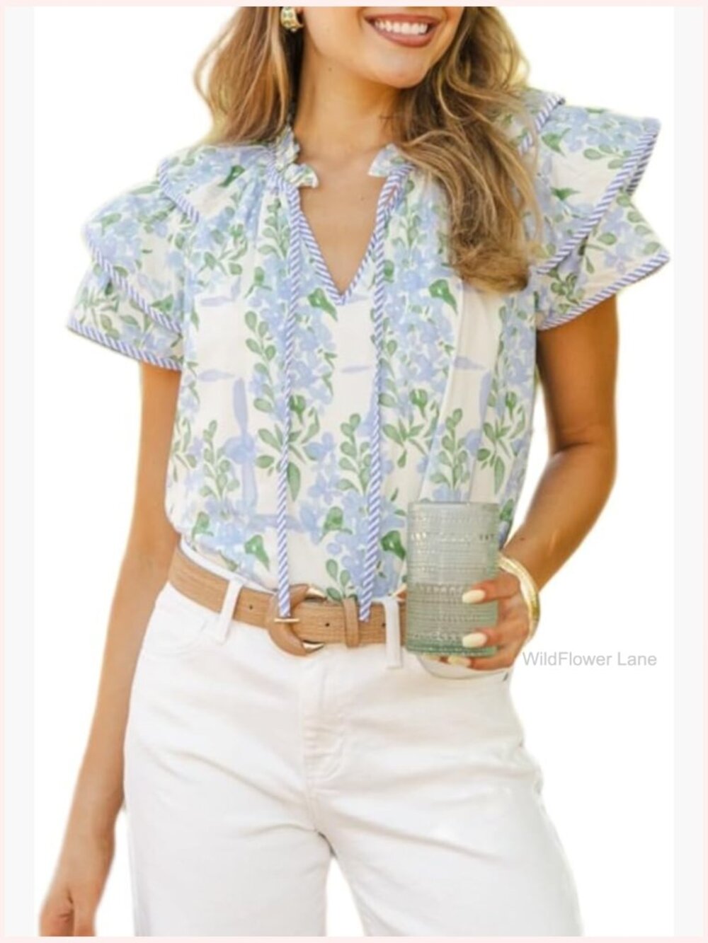 Y2K Ruffle Cap Sleeve V-Neck Peplum Blouse Floral Print - Picture 1 of 6